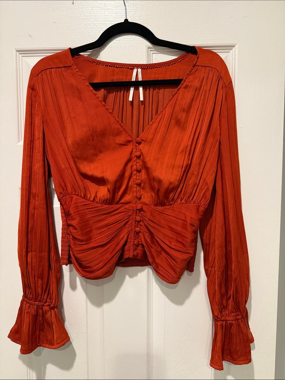 Anthropologie Rust Red Button-Front Ruched V-Neck Blouse